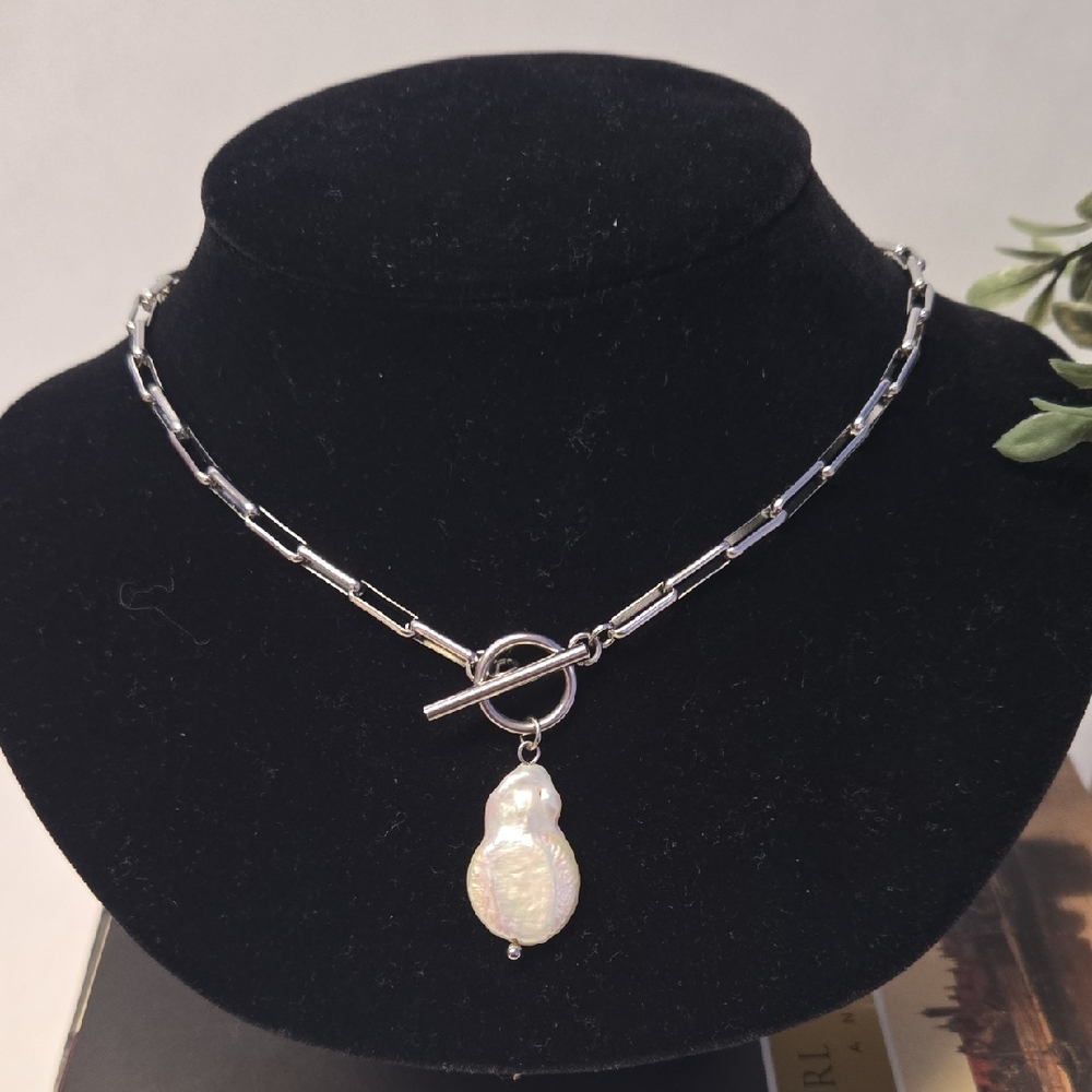 Silvertone Link Necklace with Baroque Pearl Pendant